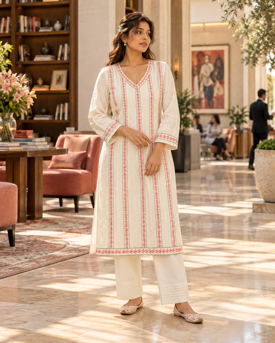 KUSUMREKHA Ivory Pink Floral Embroidered Eyelet Kurta Pant Set for Women