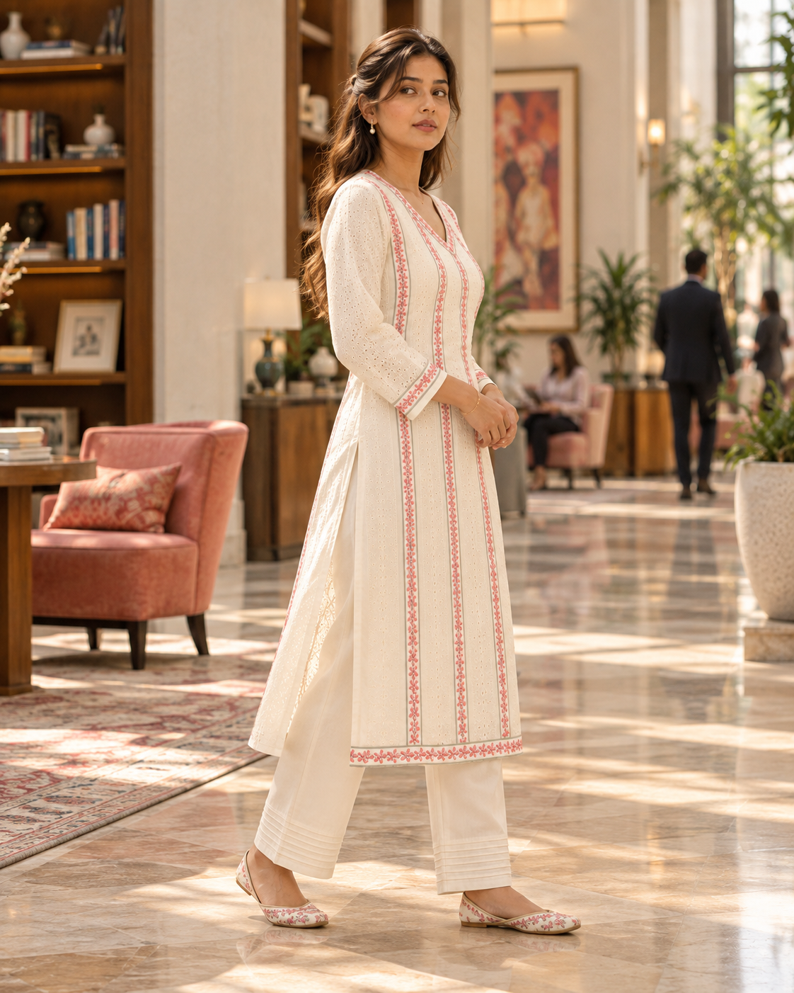 KUSUMREKHA Ivory Pink Floral Embroidered Eyelet Kurta Pant Set for Women - Image 2