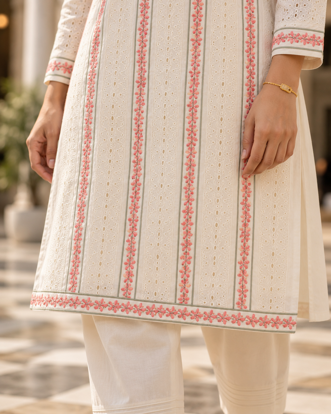 KUSUMREKHA Ivory Pink Floral Embroidered Eyelet Kurta Pant Set for Women - Image 6