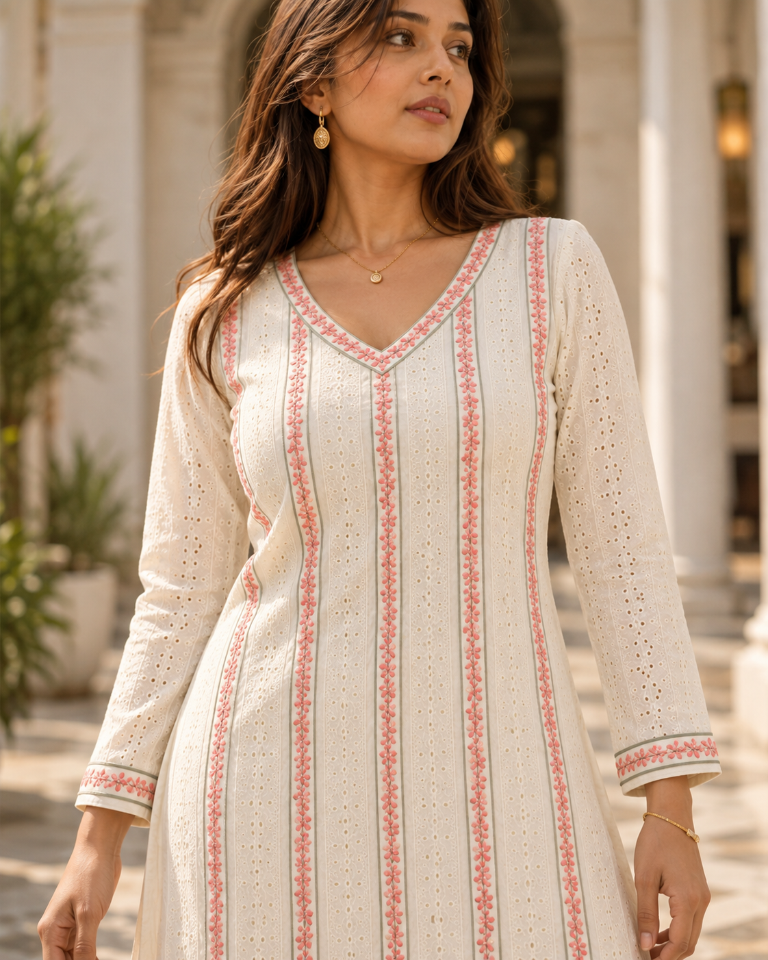KUSUMREKHA Ivory Pink Floral Embroidered Eyelet Kurta Pant Set for Women - Image 8