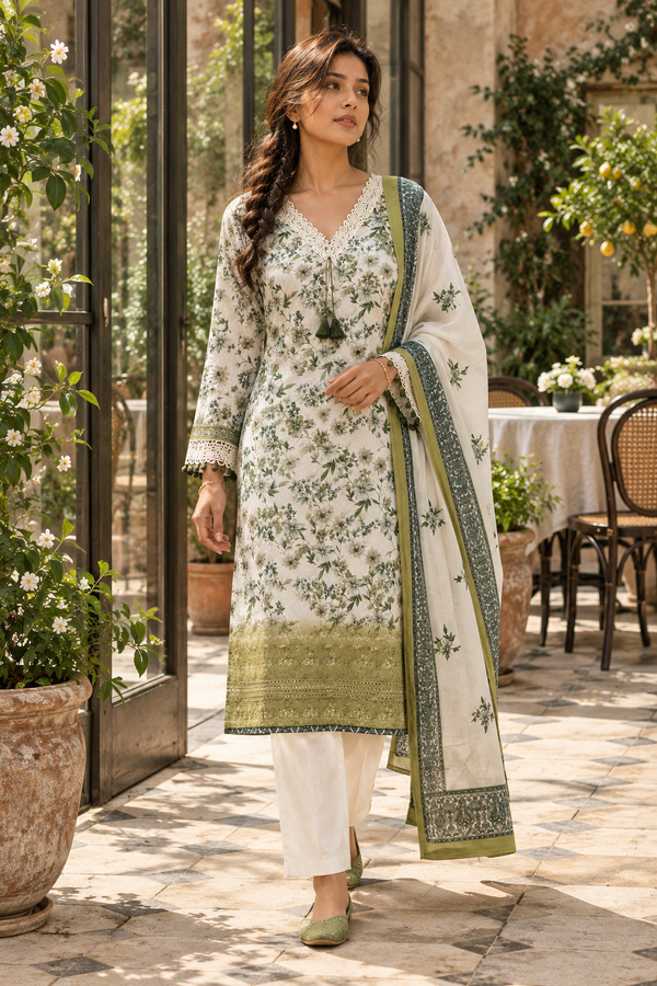 KUSUMVAN Ivory & Olive Green Floral Kurta Pant Set with Dupatta for Women
