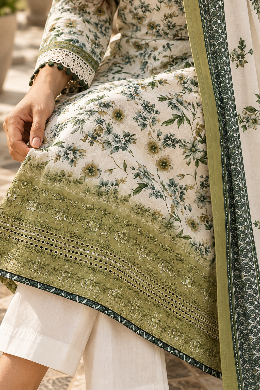 KUSUMVAN Ivory & Olive Green Floral Kurta Pant Set with Dupatta for Women - Image 10
