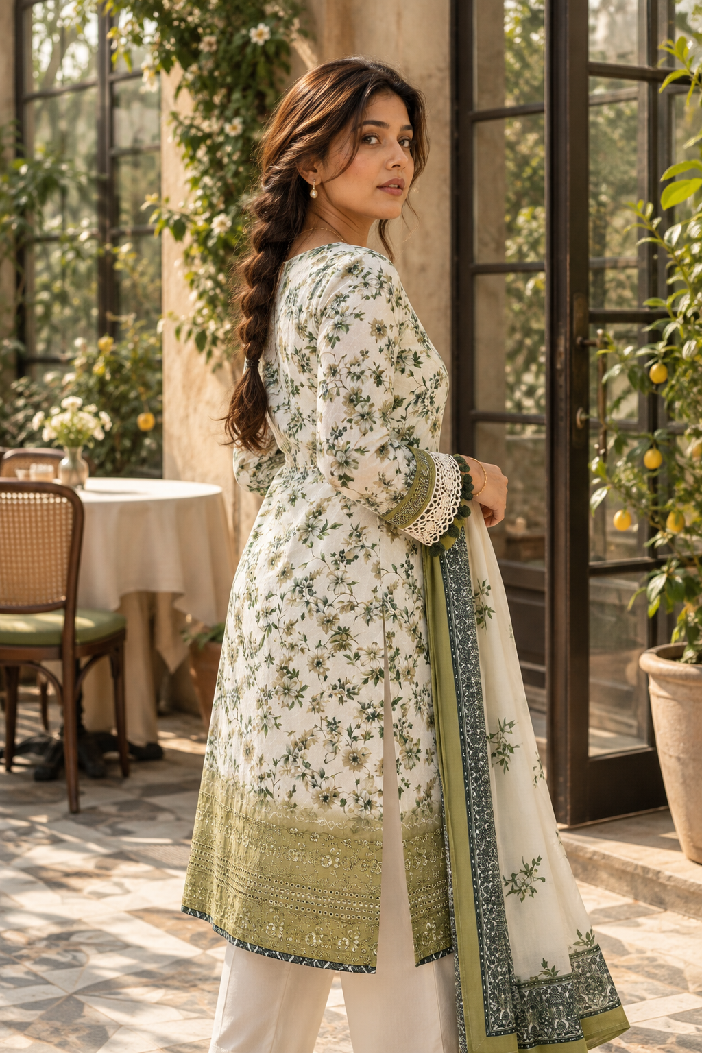 KUSUMVAN Ivory & Olive Green Floral Kurta Pant Set with Dupatta for Women - Image 2