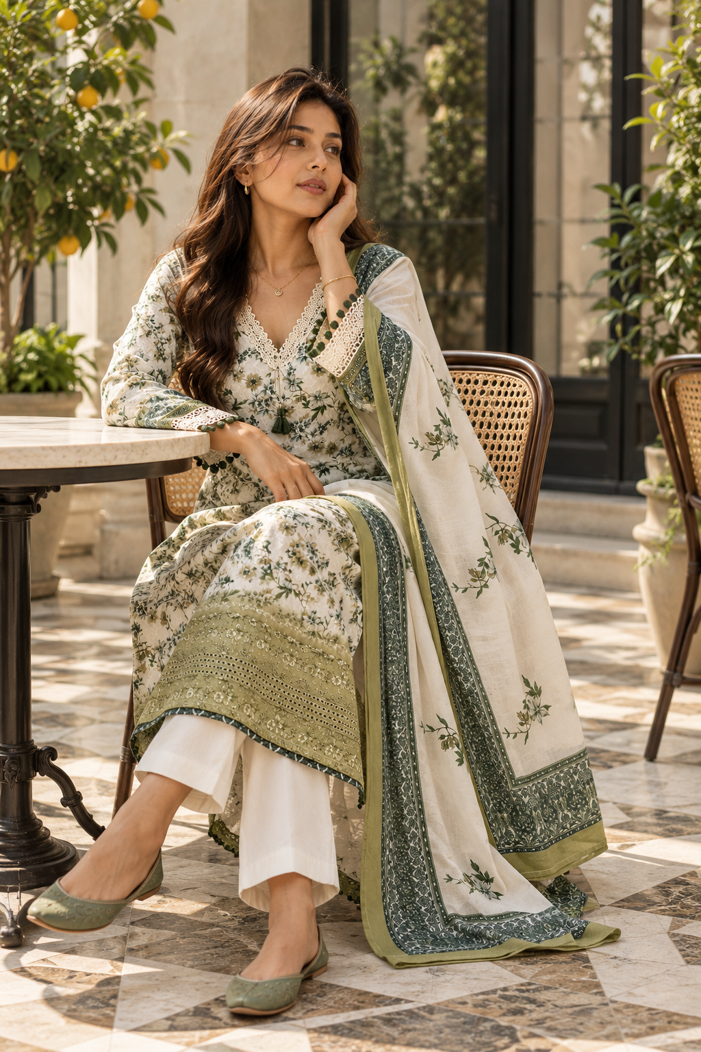 KUSUMVAN Ivory & Olive Green Floral Kurta Pant Set with Dupatta for Women - Image 9