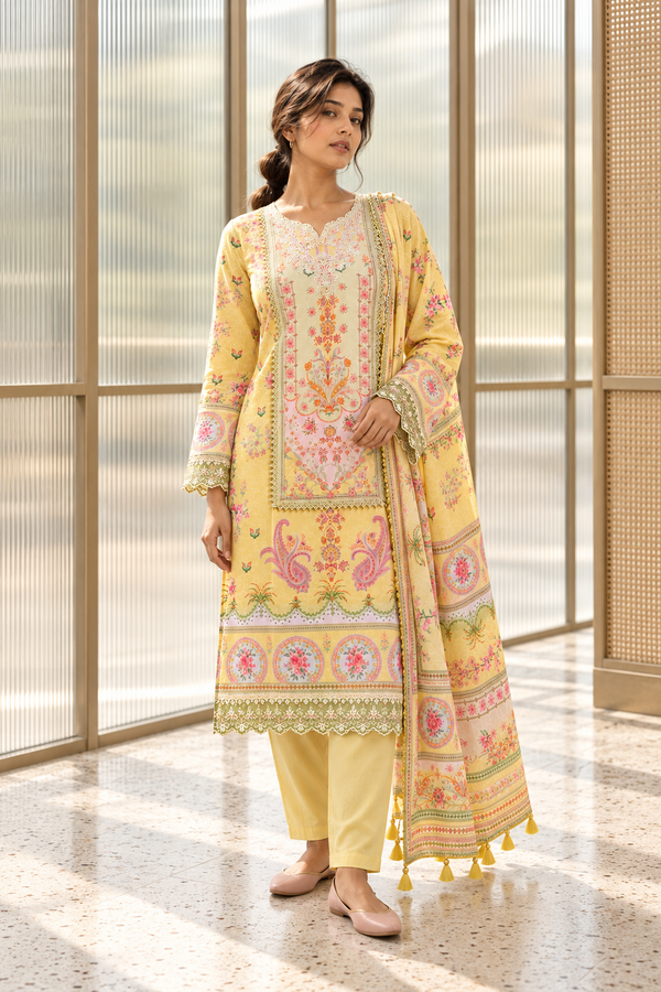 MADHUBELA Pastel Yellow Floral Kurta Pant Set with Dupatta for Women