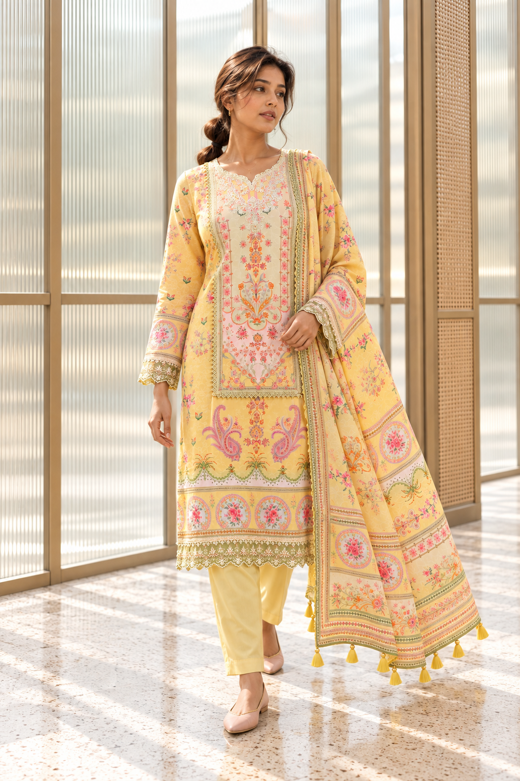 MADHUBELA Pastel Yellow Floral Kurta Pant Set with Dupatta for Women - Image 2