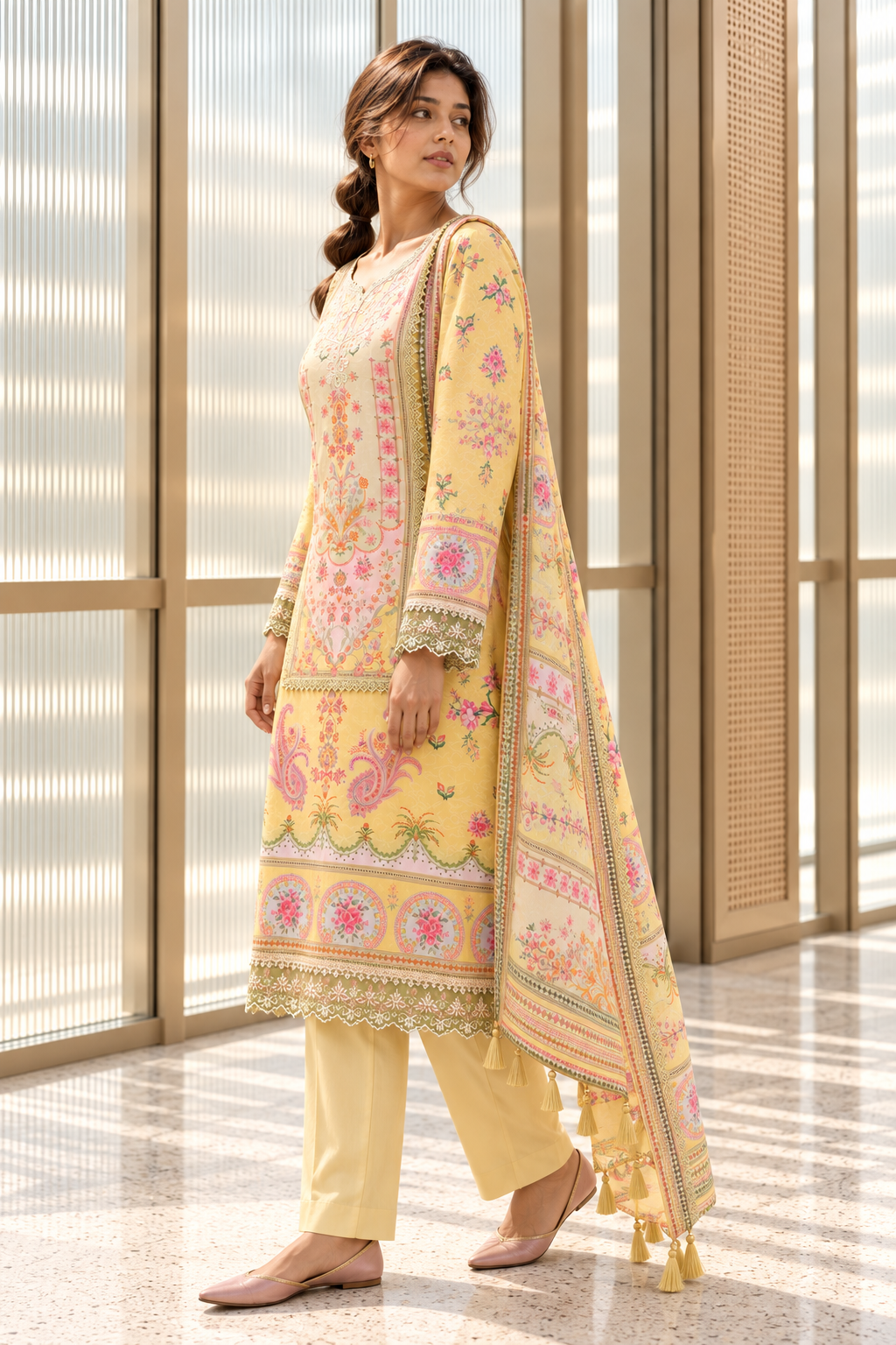 MADHUBELA Pastel Yellow Floral Kurta Pant Set with Dupatta for Women - Image 4