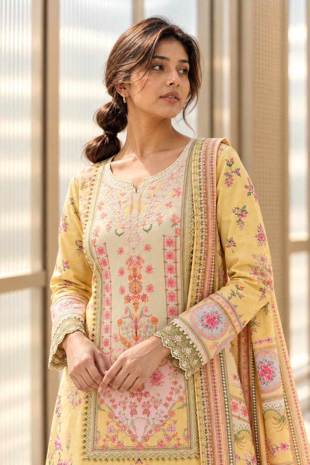 MADHUBELA Pastel Yellow Floral Kurta Pant Set with Dupatta for Women - Image 5