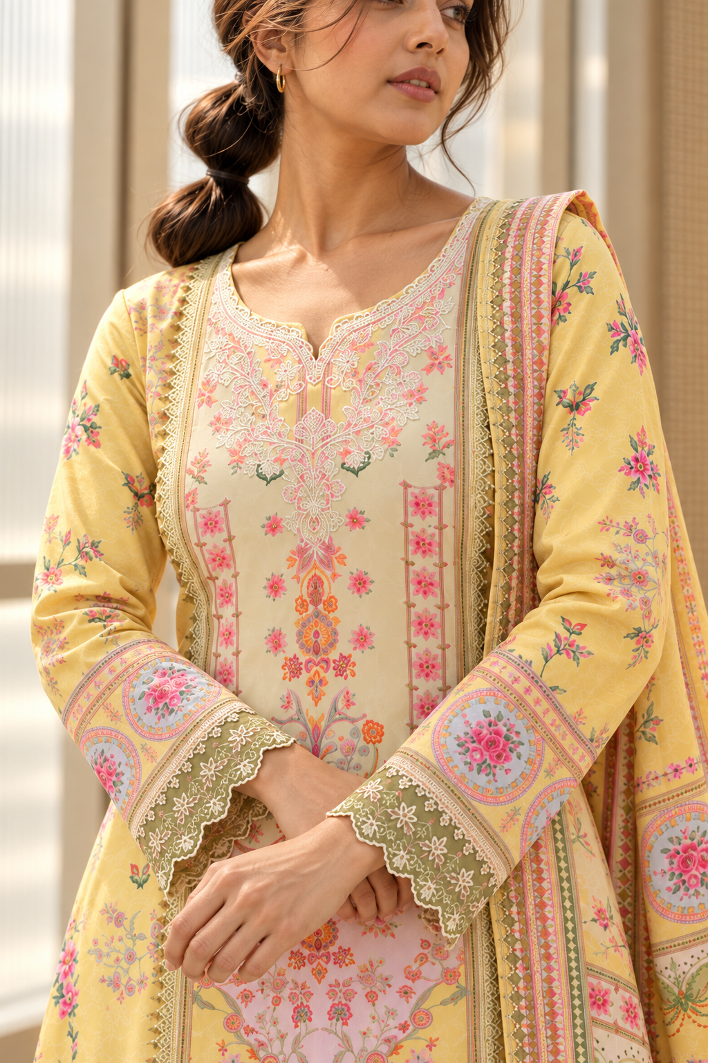 MADHUBELA Pastel Yellow Floral Kurta Pant Set with Dupatta for Women - Image 6
