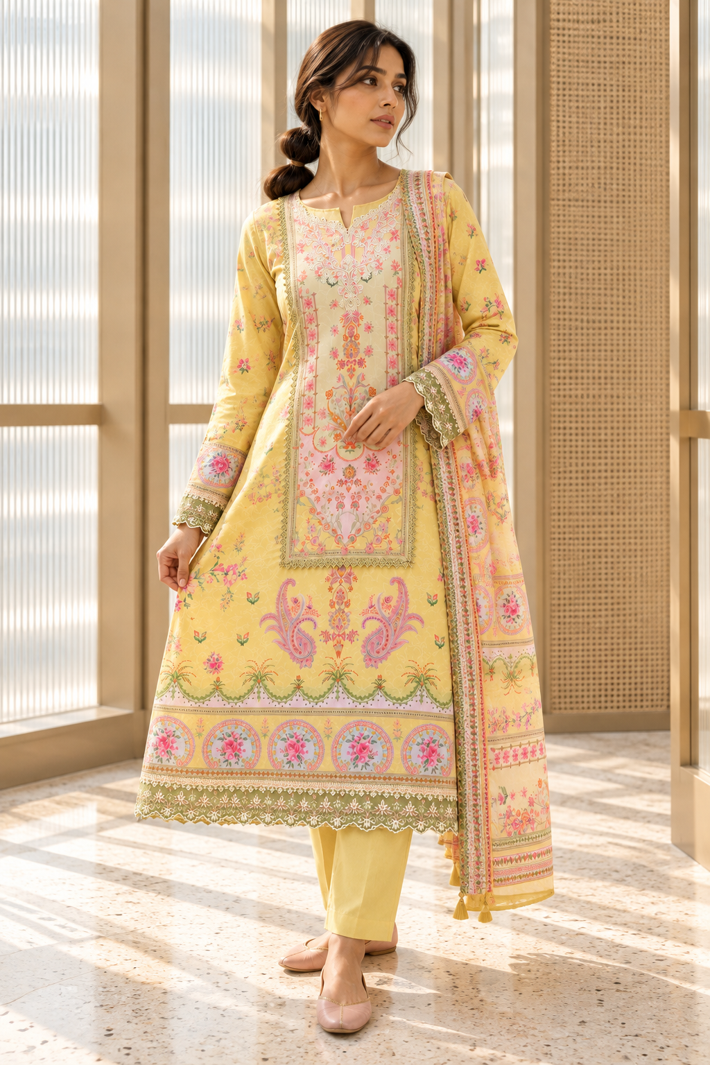 MADHUBELA Pastel Yellow Floral Kurta Pant Set with Dupatta for Women - Image 7
