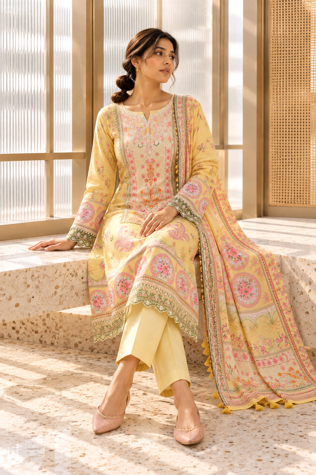 MADHUBELA Pastel Yellow Floral Kurta Pant Set with Dupatta for Women - Image 8
