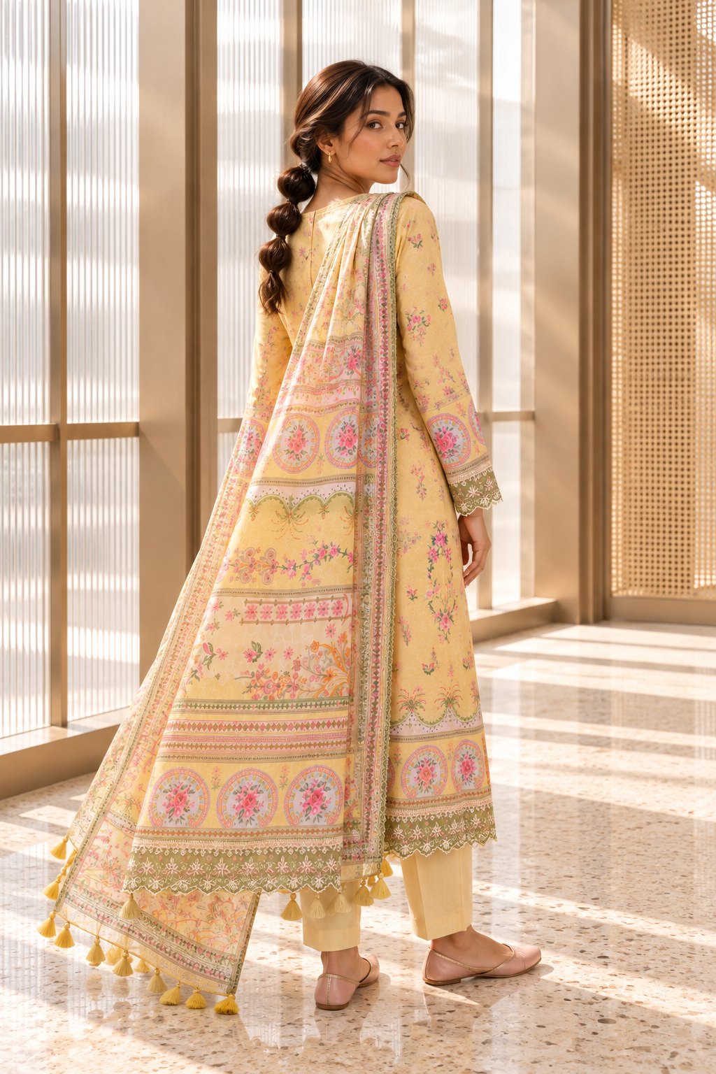 MADHUBELA Pastel Yellow Floral Kurta Pant Set with Dupatta for Women - Image 9