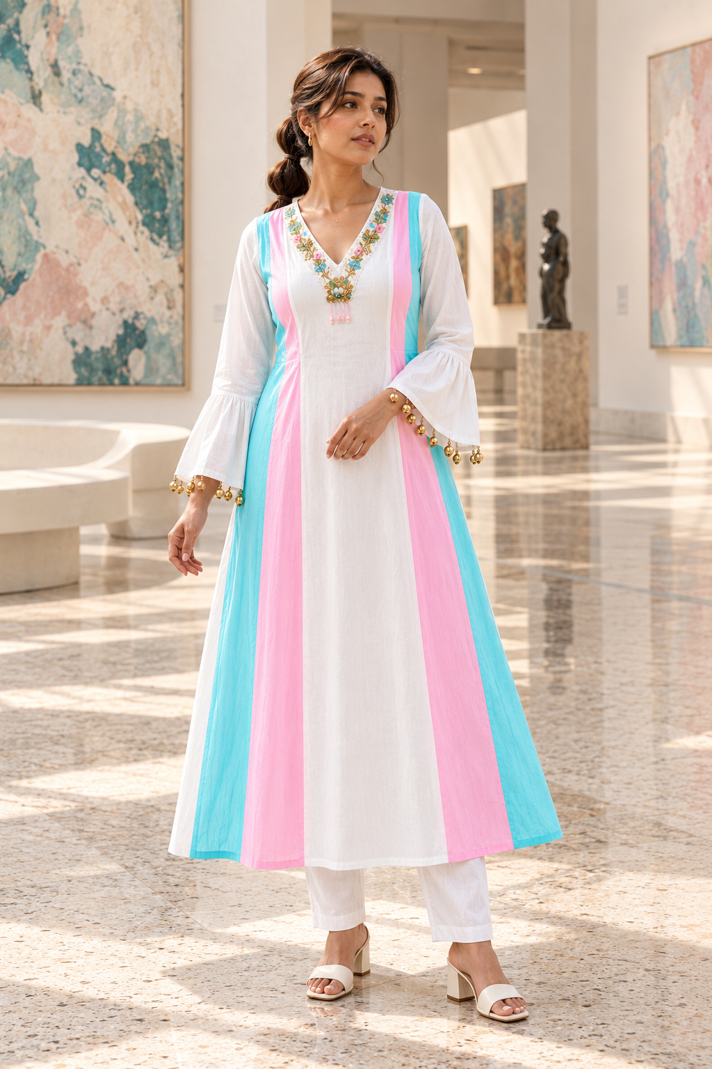 MUKTARANG White A-Line Kurta Pant Set with Pink & Aqua Panels for Women - Image 10
