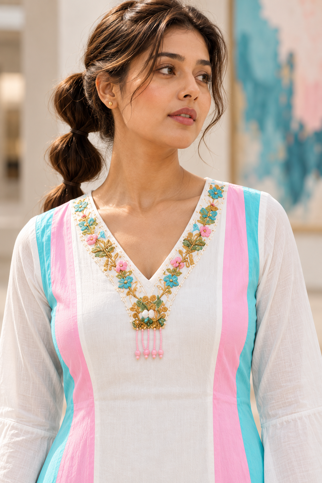 MUKTARANG White A-Line Kurta Pant Set with Pink & Aqua Panels for Women - Image 2