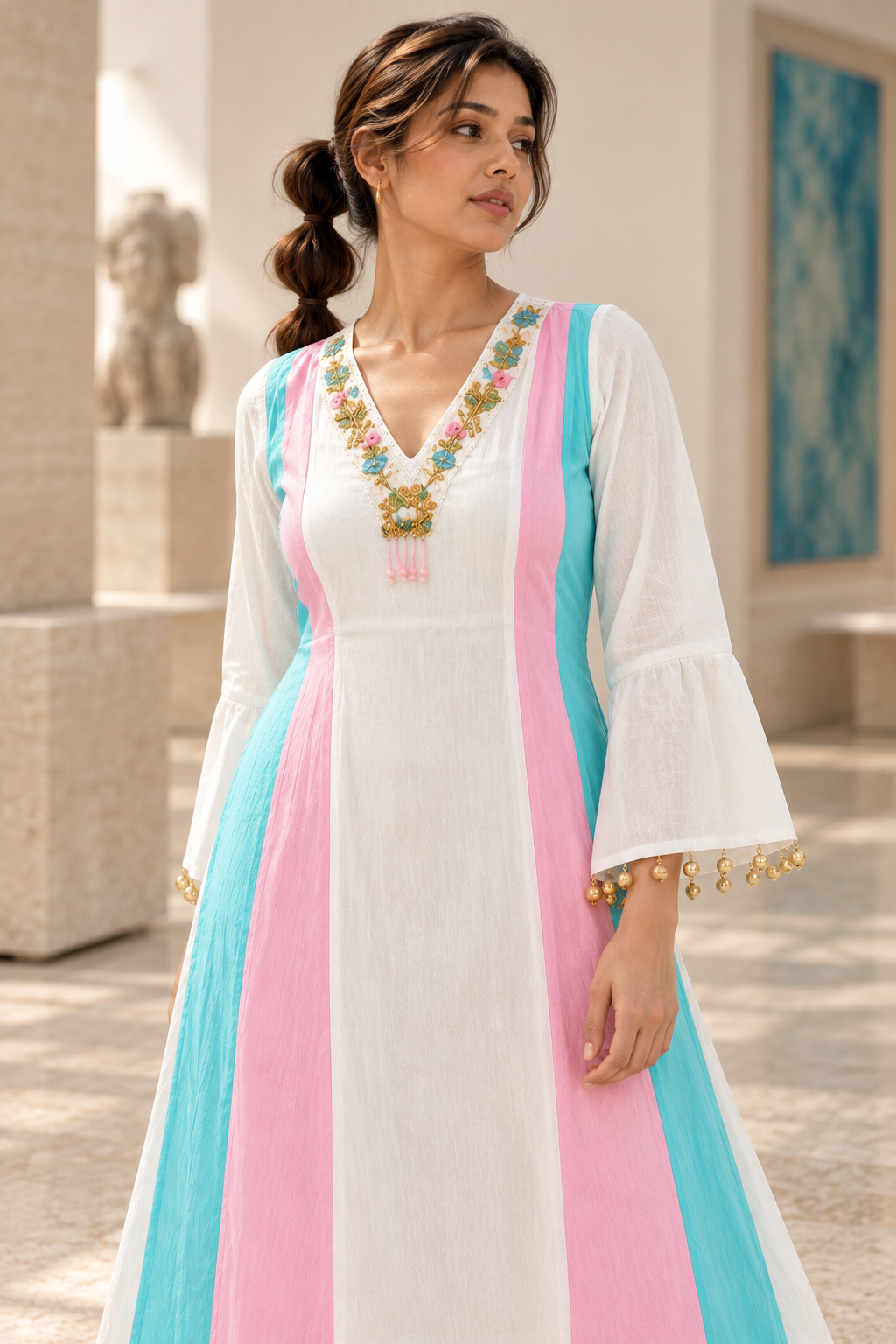 MUKTARANG White A-Line Kurta Pant Set with Pink & Aqua Panels for Women - Image 5
