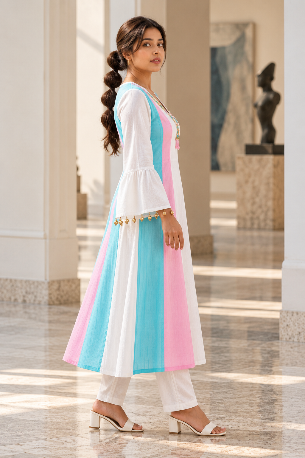 MUKTARANG White A-Line Kurta Pant Set with Pink & Aqua Panels for Women - Image 8