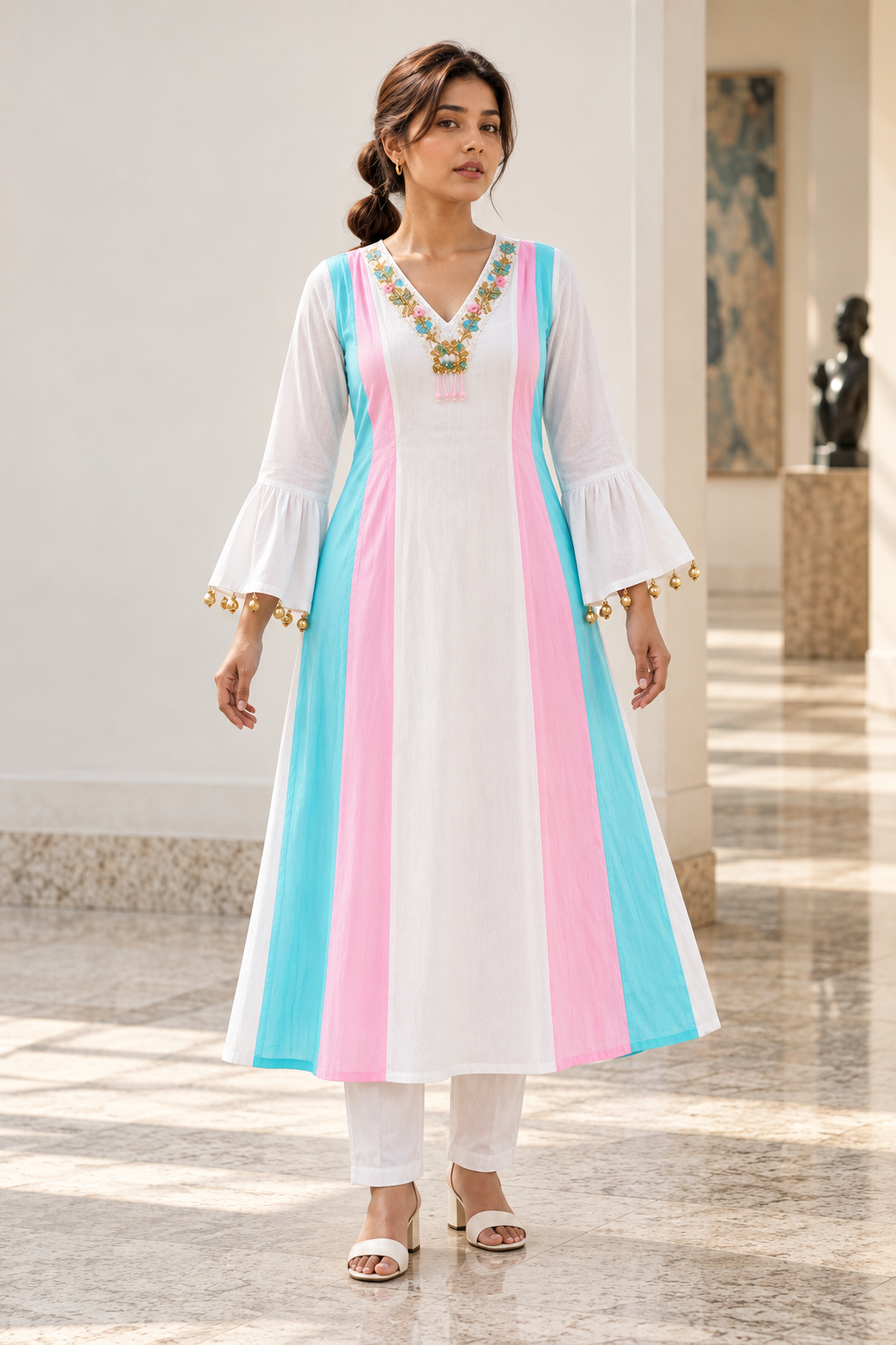 MUKTARANG White A-Line Kurta Pant Set with Pink & Aqua Panels for Women - Image 9