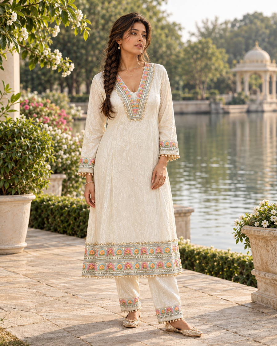 MUKTAVALI Ivory Embroidered A-Line Kurta Pant Set for Women