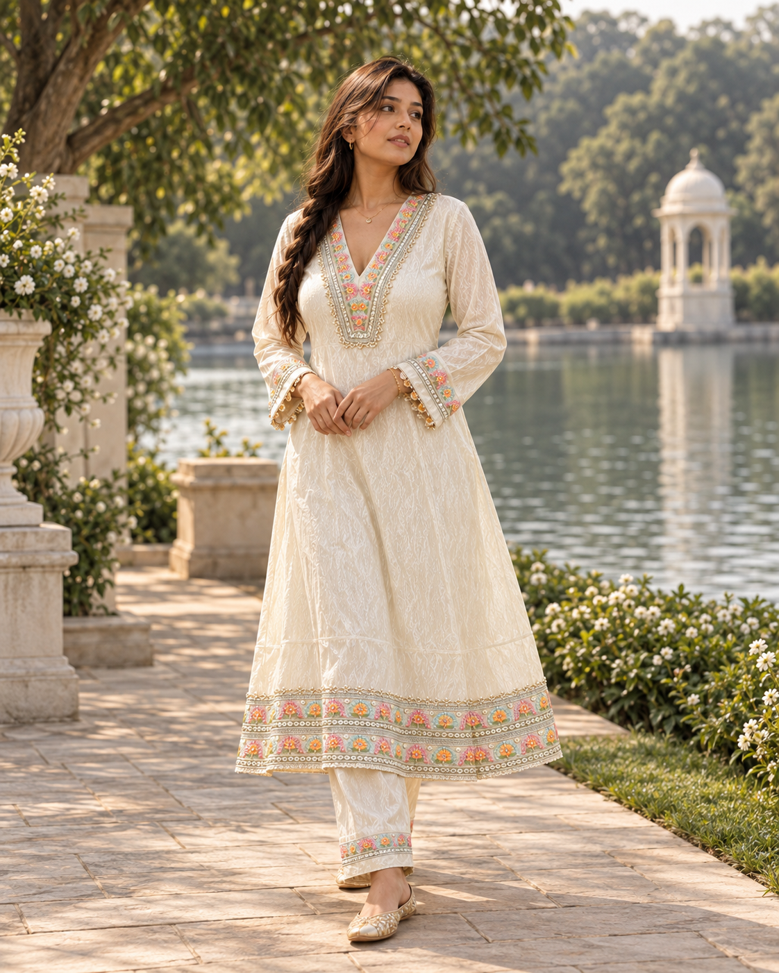 MUKTAVALI Ivory Embroidered A-Line Kurta Pant Set for Women - Image 10