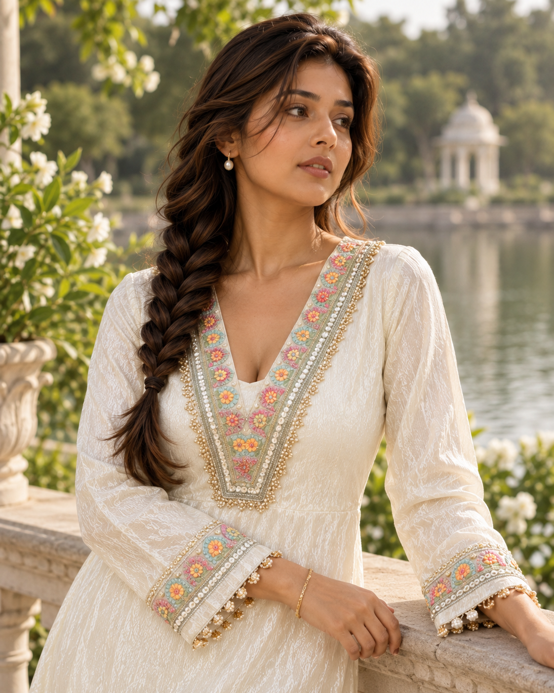 MUKTAVALI Ivory Embroidered A-Line Kurta Pant Set for Women - Image 3