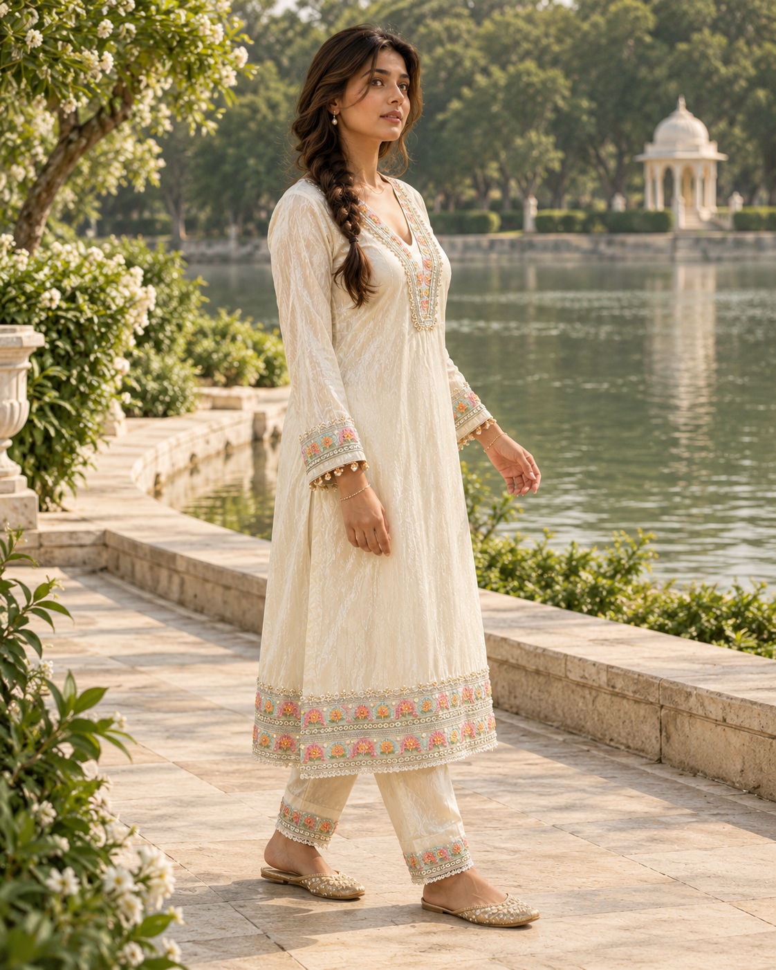 MUKTAVALI Ivory Embroidered A-Line Kurta Pant Set for Women - Image 4