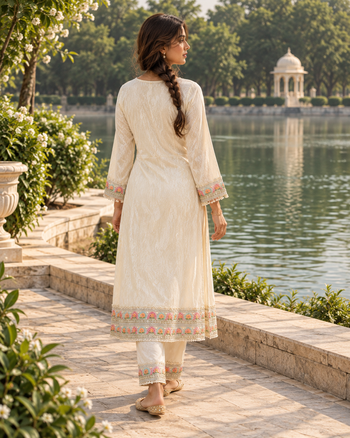 MUKTAVALI Ivory Embroidered A-Line Kurta Pant Set for Women - Image 5