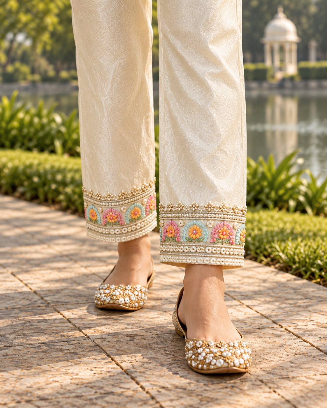 MUKTAVALI Ivory Embroidered A-Line Kurta Pant Set for Women - Image 7