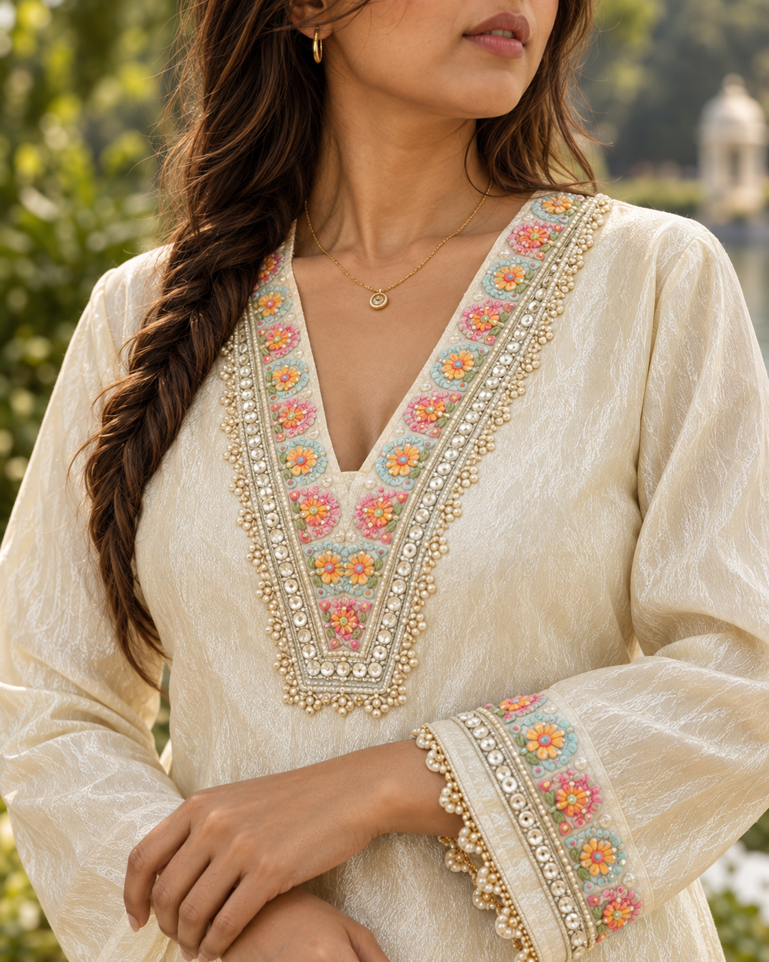 MUKTAVALI Ivory Embroidered A-Line Kurta Pant Set for Women - Image 8