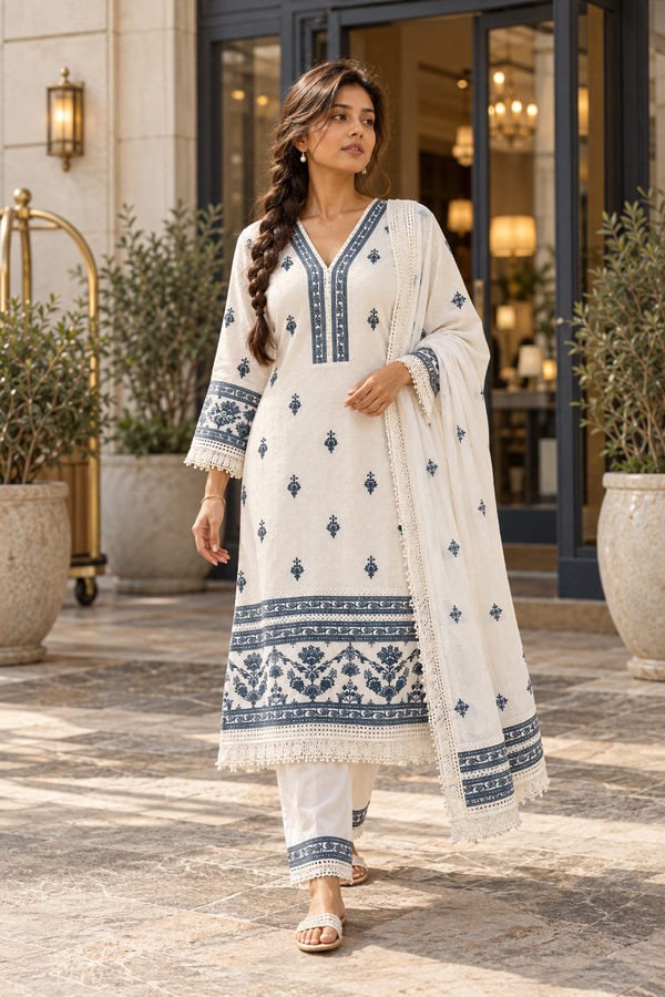 NEELANKITA Ivory & Indigo Blue Embroidered Kurta Pant Set with Dupatta for Women