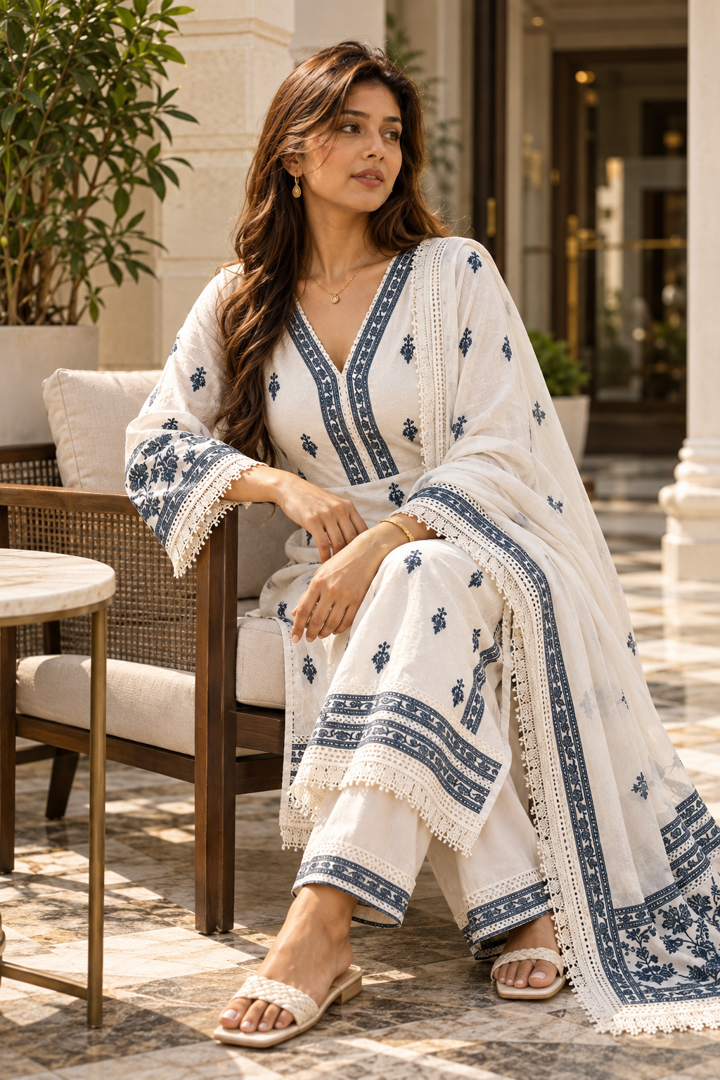 NEELANKITA Ivory & Indigo Blue Embroidered Kurta Pant Set with Dupatta for Women - Image 10