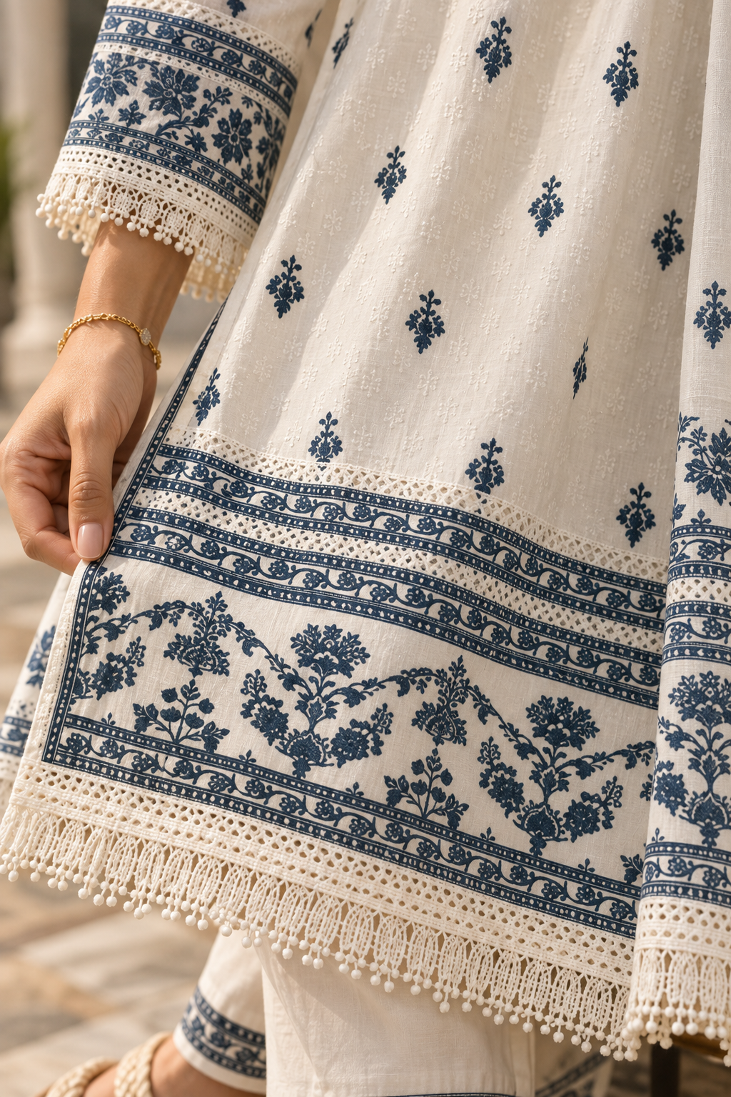 NEELANKITA Ivory & Indigo Blue Embroidered Kurta Pant Set with Dupatta for Women - Image 11