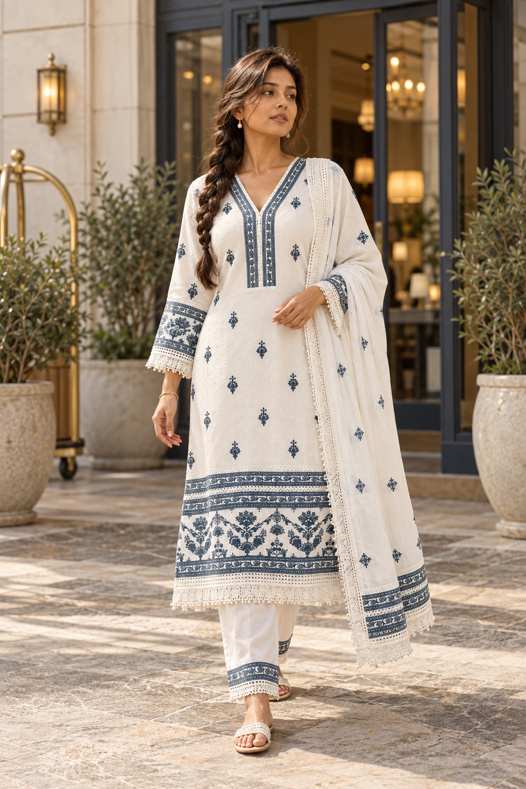 NEELANKITA Ivory & Indigo Blue Embroidered Kurta Pant Set with Dupatta for Women - Image 2