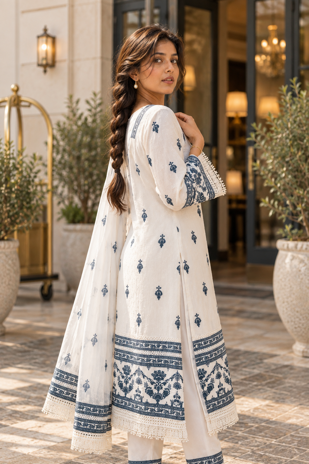 NEELANKITA Ivory & Indigo Blue Embroidered Kurta Pant Set with Dupatta for Women - Image 3