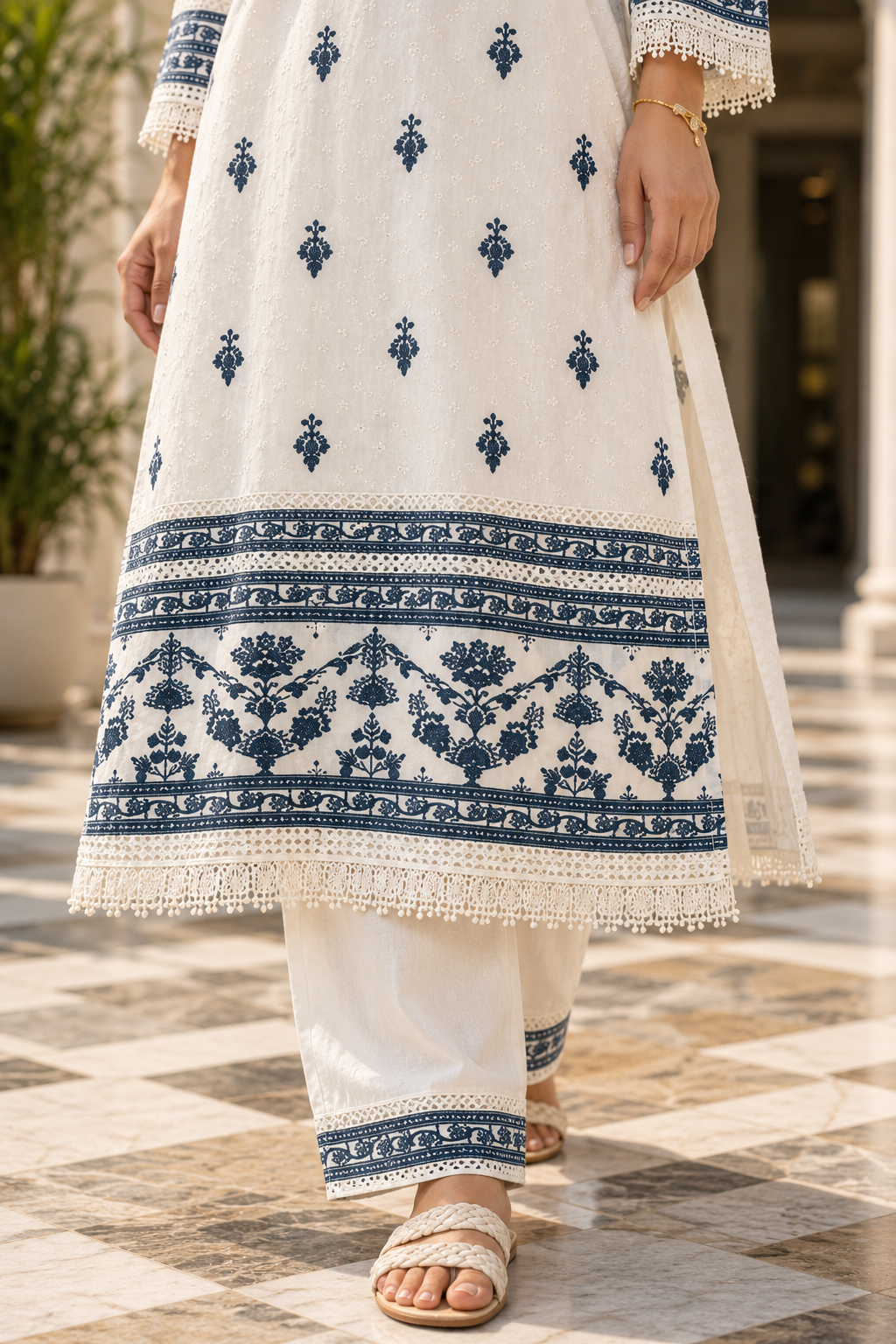 NEELANKITA Ivory & Indigo Blue Embroidered Kurta Pant Set with Dupatta for Women - Image 7