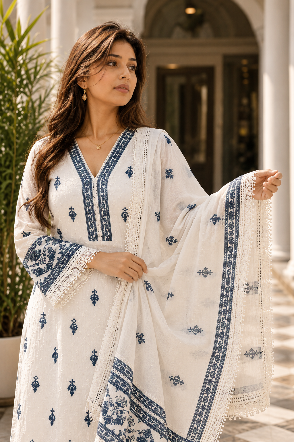 NEELANKITA Ivory & Indigo Blue Embroidered Kurta Pant Set with Dupatta for Women - Image 9