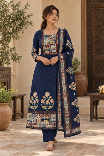 NEELCHITRA Navy Blue Floral Printed Kurta Pant Set with Dupatta for Women