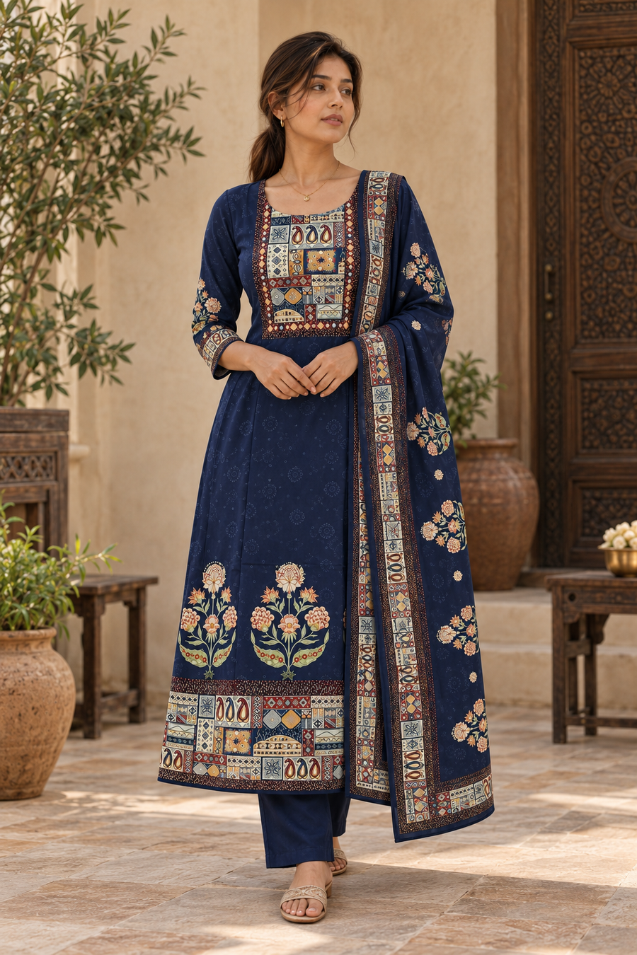 NEELCHITRA Navy Blue Floral Printed Kurta Pant Set with Dupatta for Women