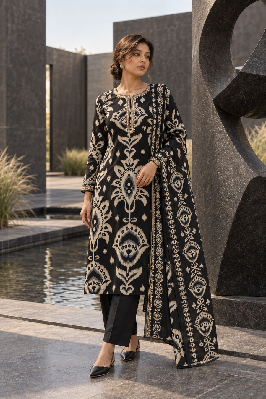 NISHAKALA Black Ikat Print Kurta Pant Set with Dupatta for Women