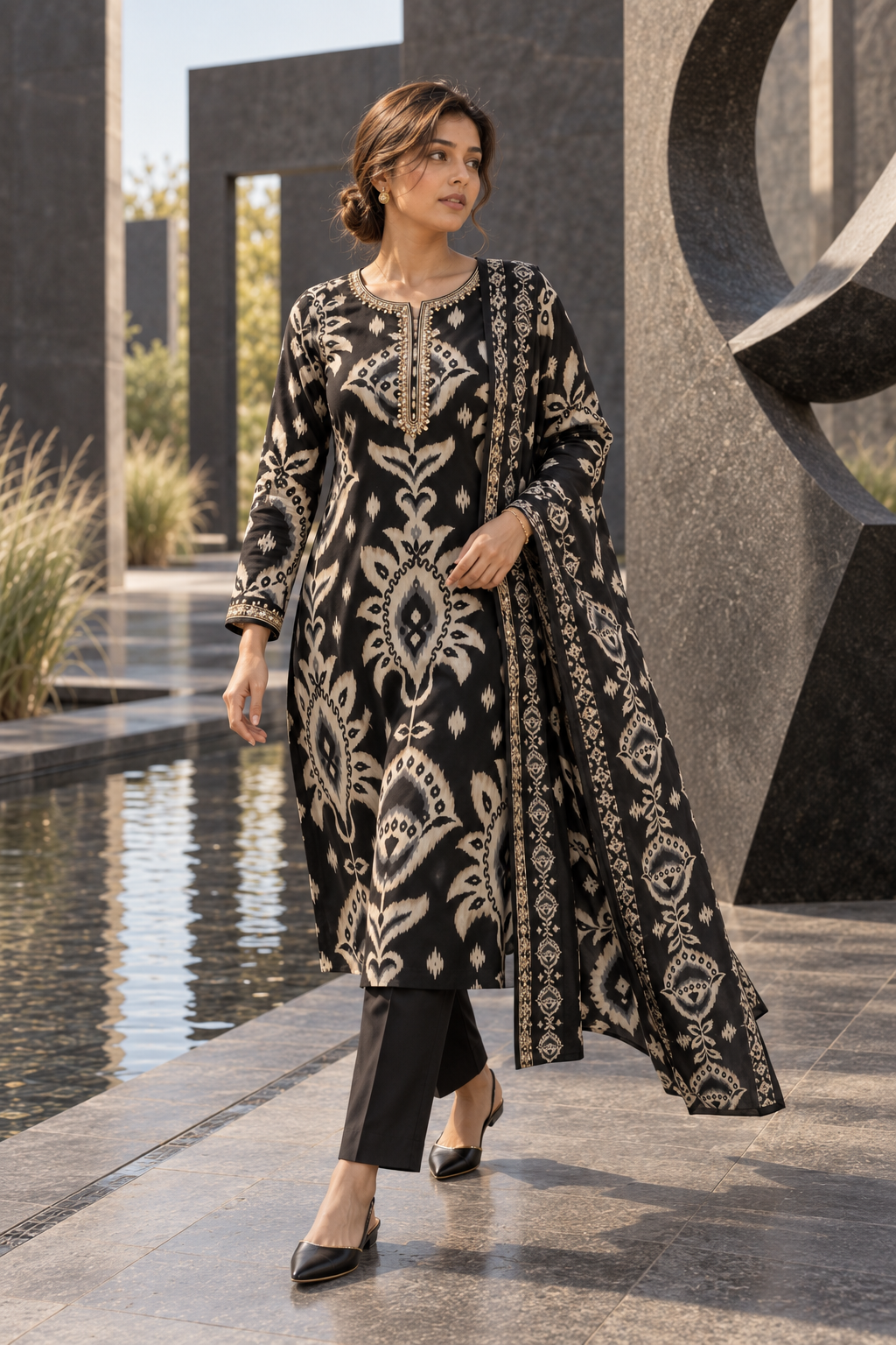 NISHAKALA Black Ikat Print Kurta Pant Set with Dupatta for Women - Image 2
