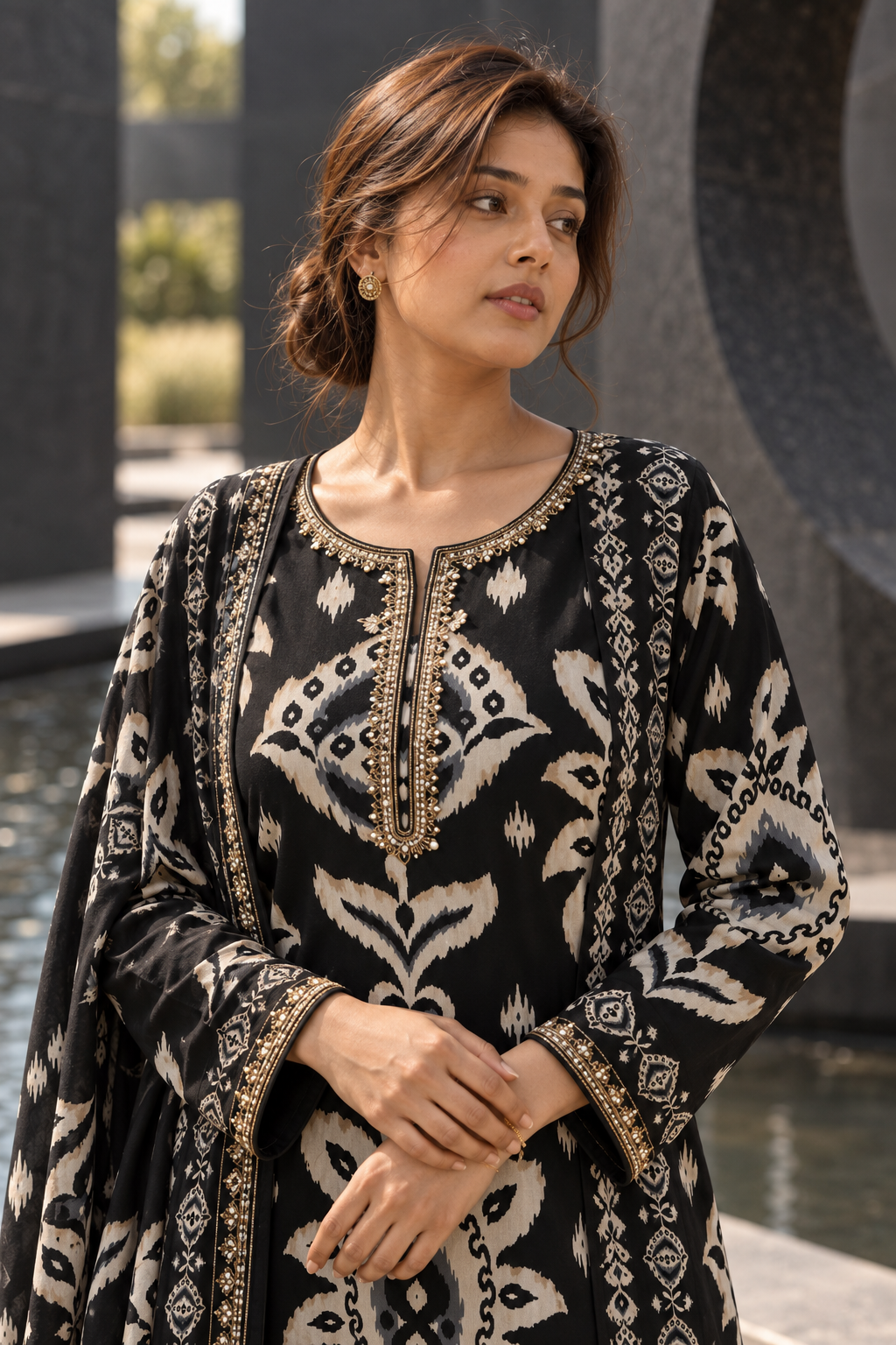 NISHAKALA Black Ikat Print Kurta Pant Set with Dupatta for Women - Image 4