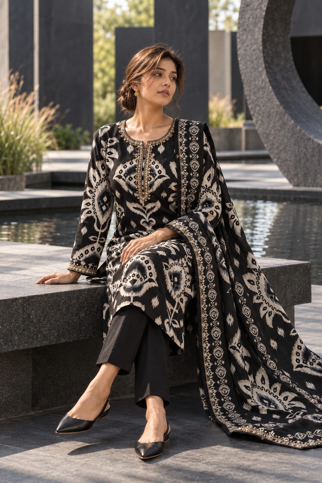 NISHAKALA Black Ikat Print Kurta Pant Set with Dupatta for Women - Image 5