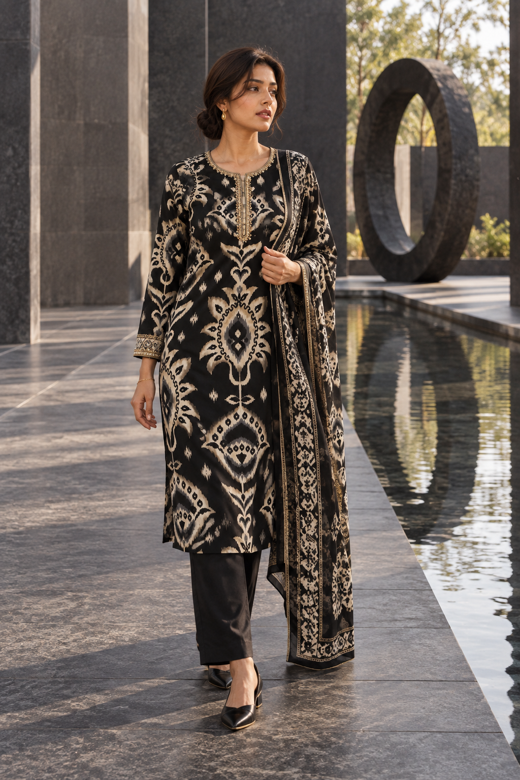 NISHAKALA Black Ikat Print Kurta Pant Set with Dupatta for Women - Image 7