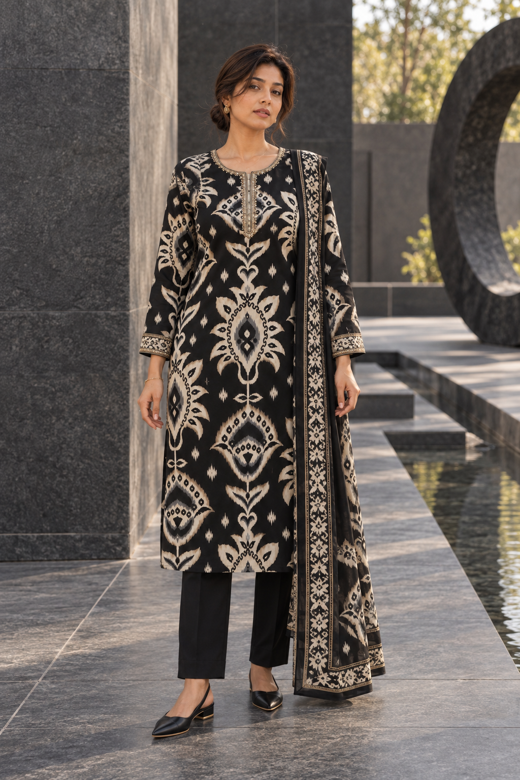NISHAKALA Black Ikat Print Kurta Pant Set with Dupatta for Women - Image 8
