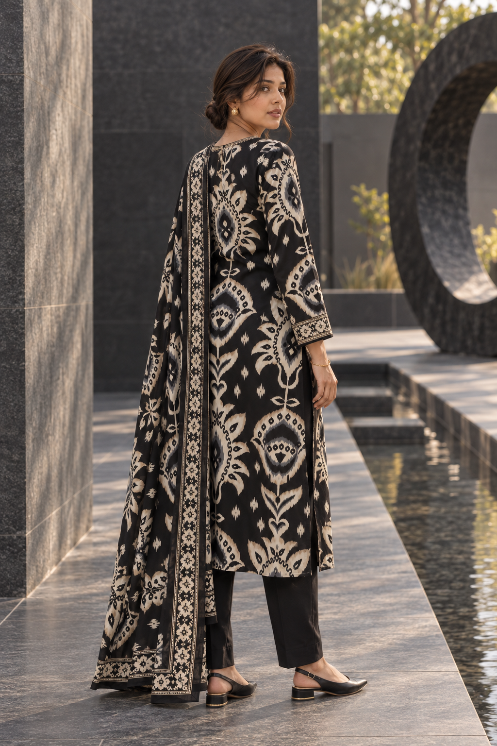 NISHAKALA Black Ikat Print Kurta Pant Set with Dupatta for Women - Image 9