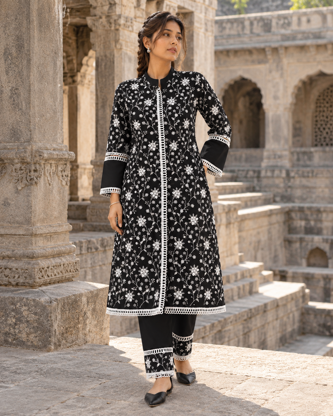 NISHIPUSHP Black & White Floral Embroidered Kurta Pant Set for Women - Image 1