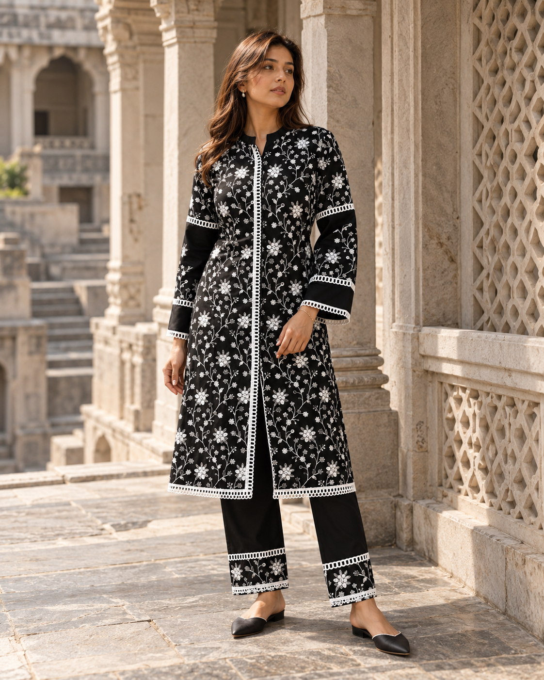 NISHIPUSHP Black & White Floral Embroidered Kurta Pant Set for Women - Image 10