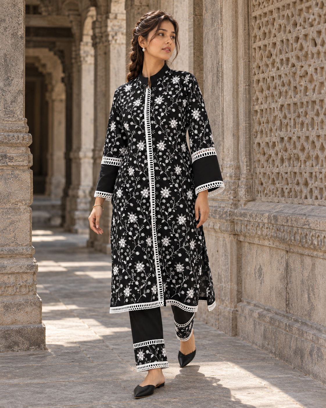 NISHIPUSHP Black & White Floral Embroidered Kurta Pant Set for Women - Image 2