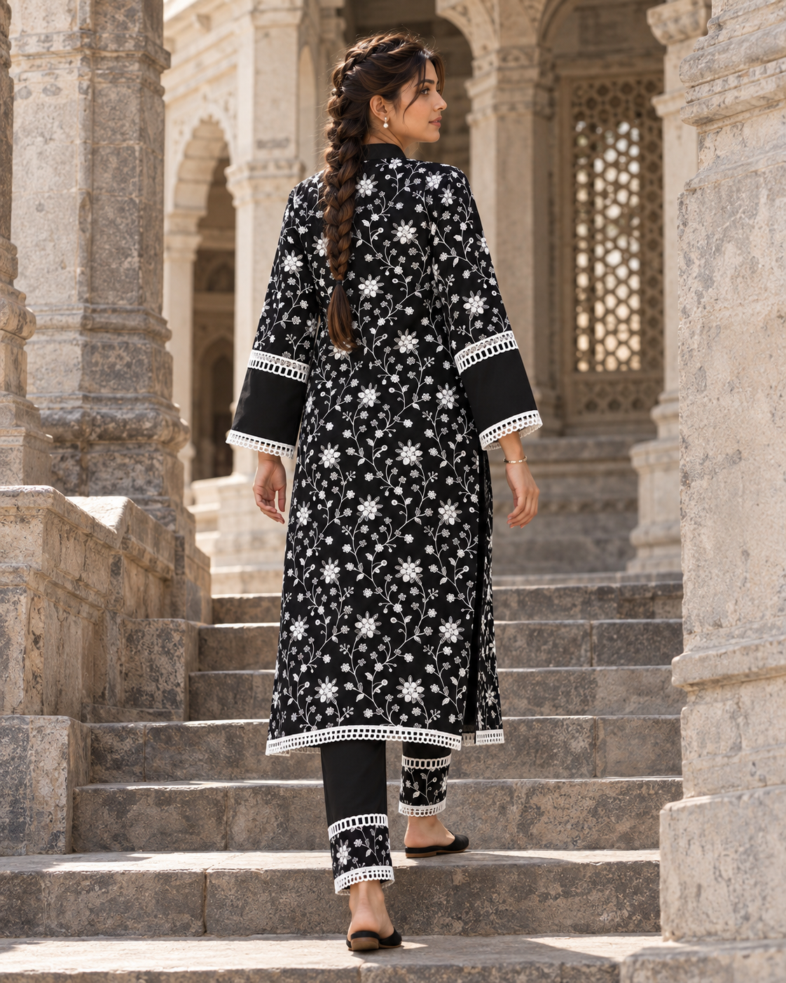 NISHIPUSHP Black & White Floral Embroidered Kurta Pant Set for Women - Image 3