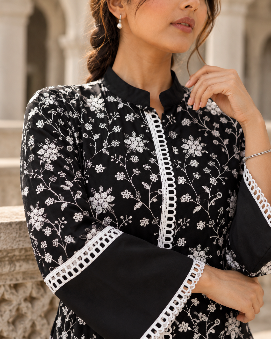 NISHIPUSHP Black & White Floral Embroidered Kurta Pant Set for Women - Image 5