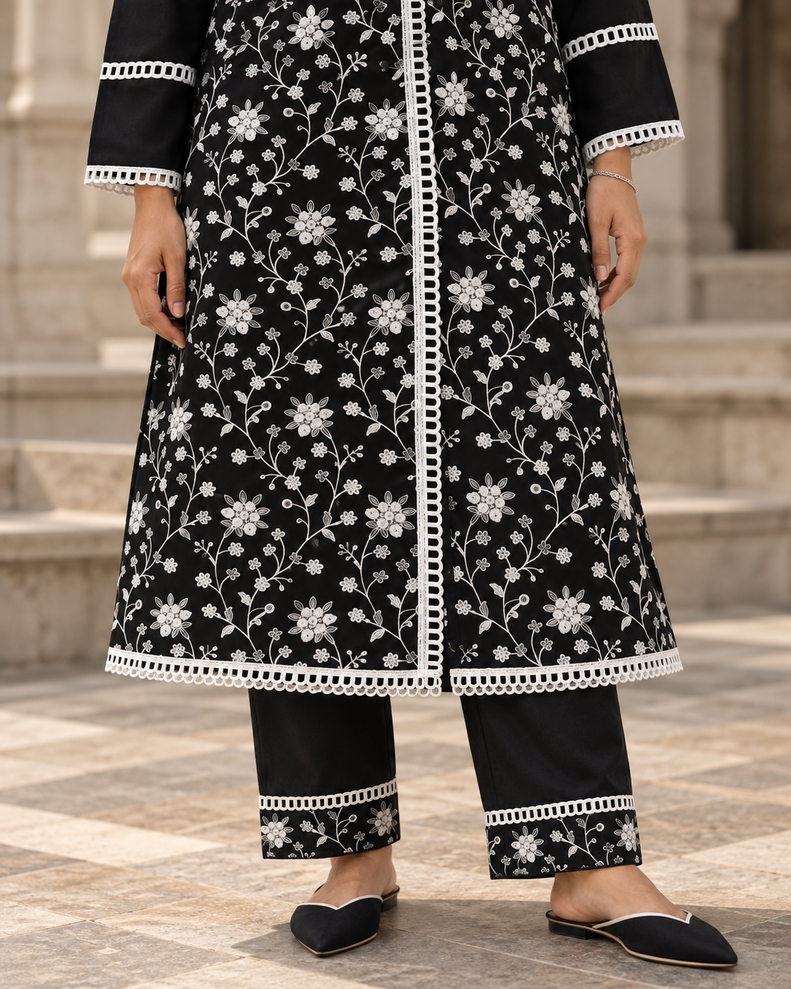 NISHIPUSHP Black & White Floral Embroidered Kurta Pant Set for Women - Image 6